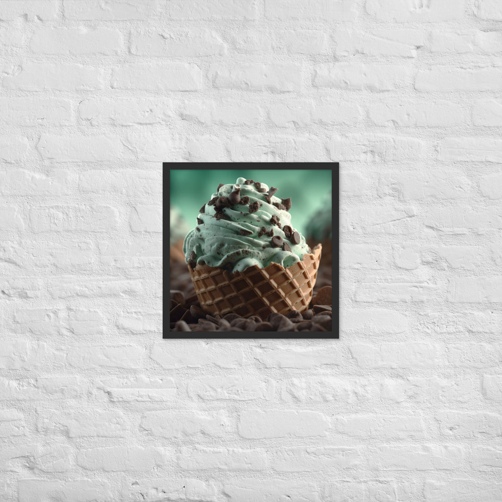 Mint Chocolate Chip Soft Serve Waffle Cone Framed poster 🤤 from Yumify.AI