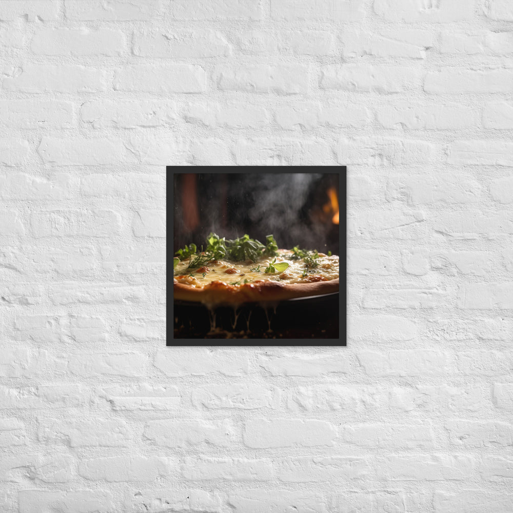 Pizza topped with melted Parmesan cheese Framed poster 🤤 from Yumify.AI