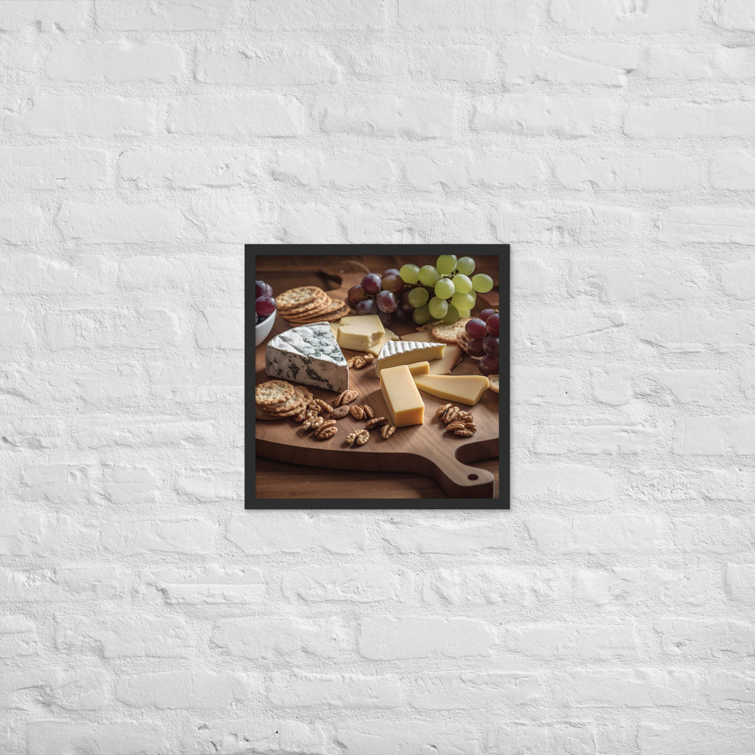 A cheese board featuring creamy brie Framed poster 🤤 from Yumify.AI