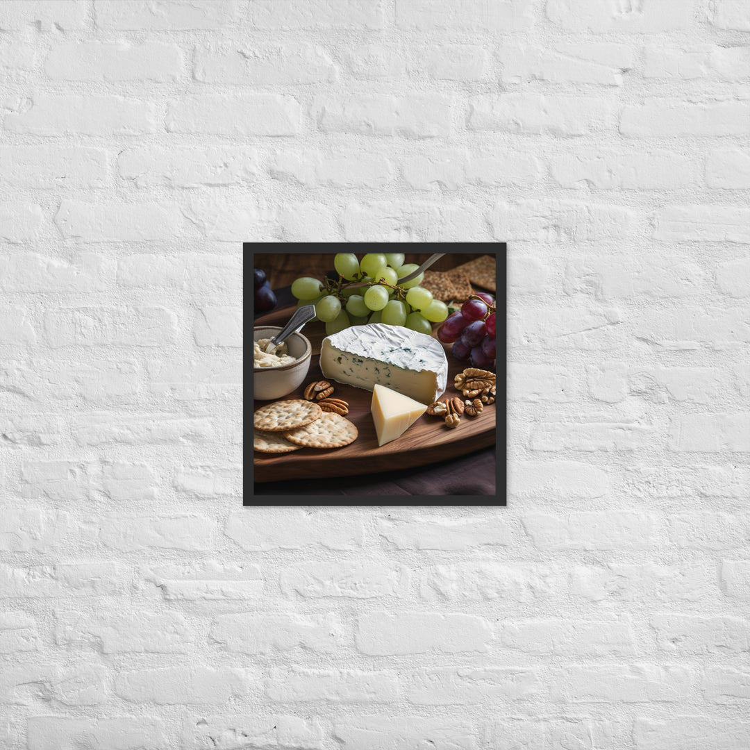 A cheese board featuring creamy brie Framed poster 🤤 from Yumify.AI