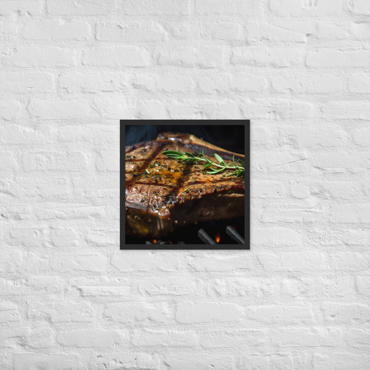 Juicy T-Bone Steak on a Sizzling Grill Framed poster 🤤 from Yumify.AI