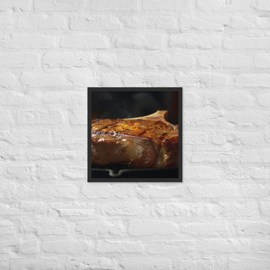 Juicy T-Bone Steak on a Sizzling Grill Framed poster 🤤 from Yumify.AI