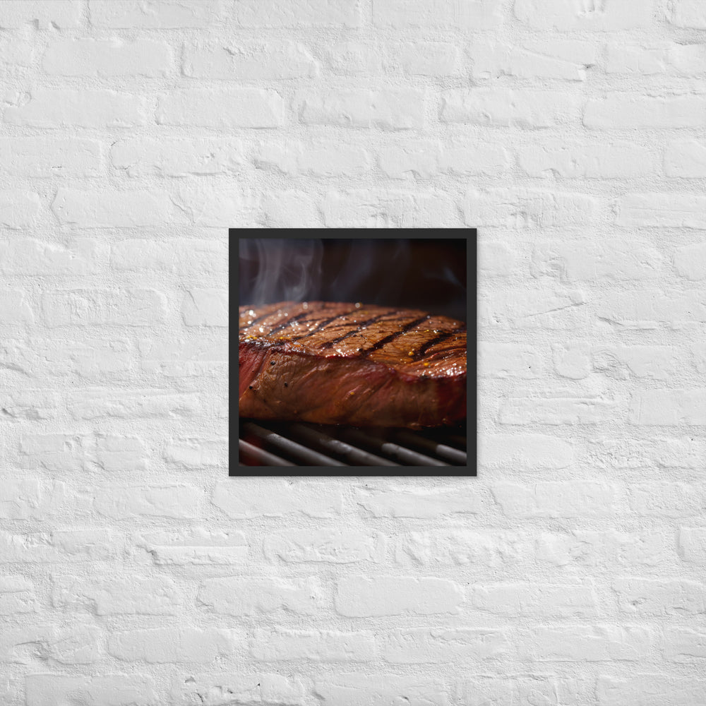 Juicy Flank Steak sizzling on a grill Framed poster 🤤 from Yumify.AI