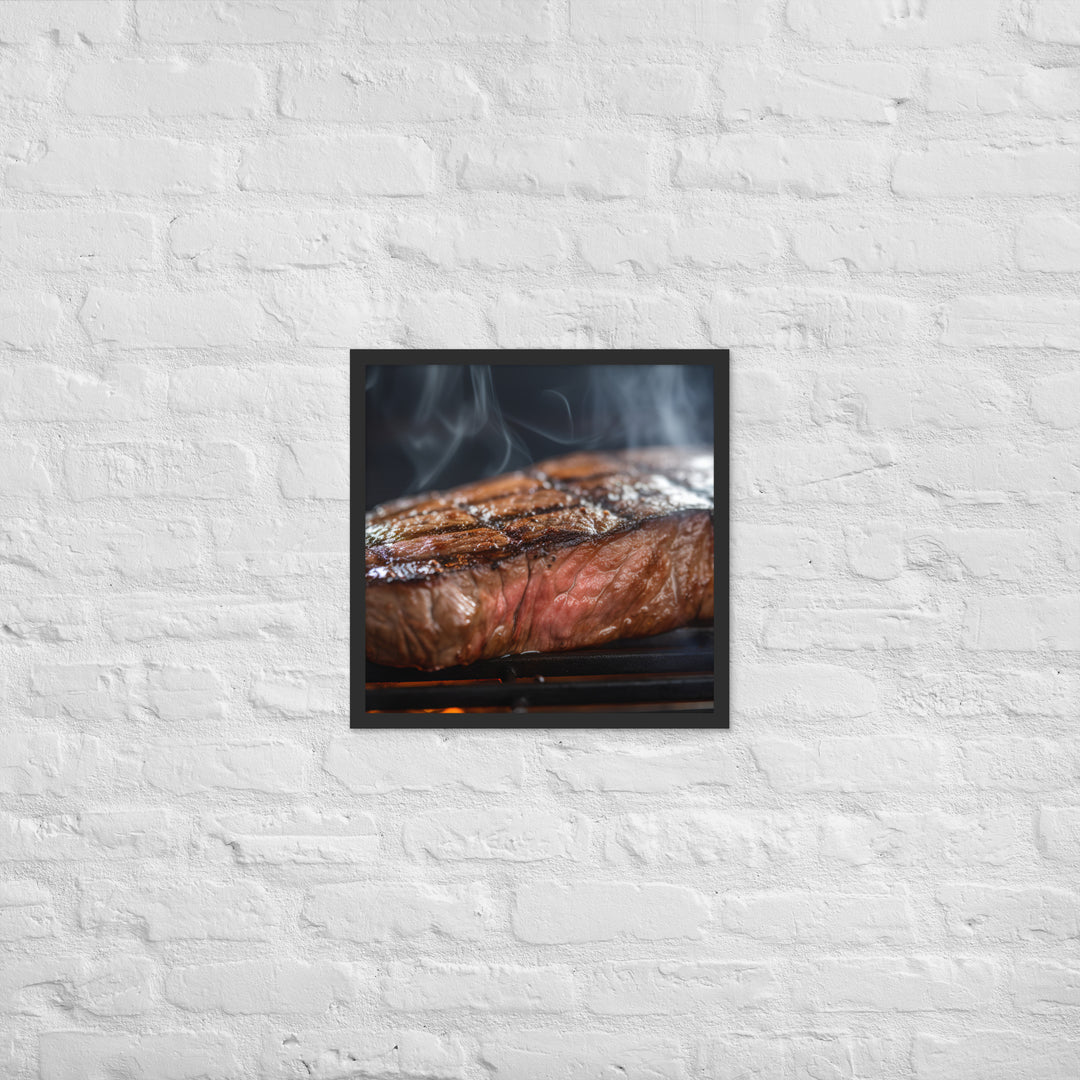 Juicy Flank Steak sizzling on a grill Framed poster 🤤 from Yumify.AI