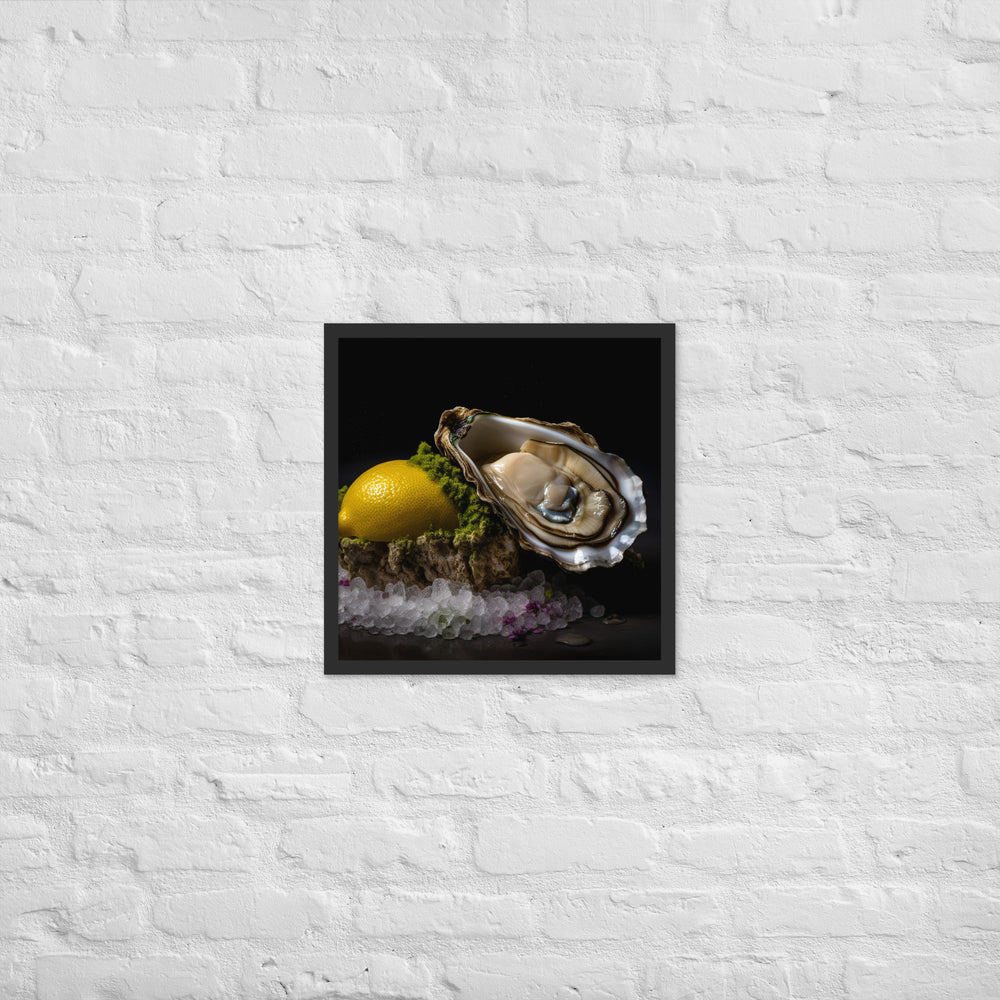 Succulent Belon oyster with lemon wedge Framed poster 🤤 from Yumify.AI