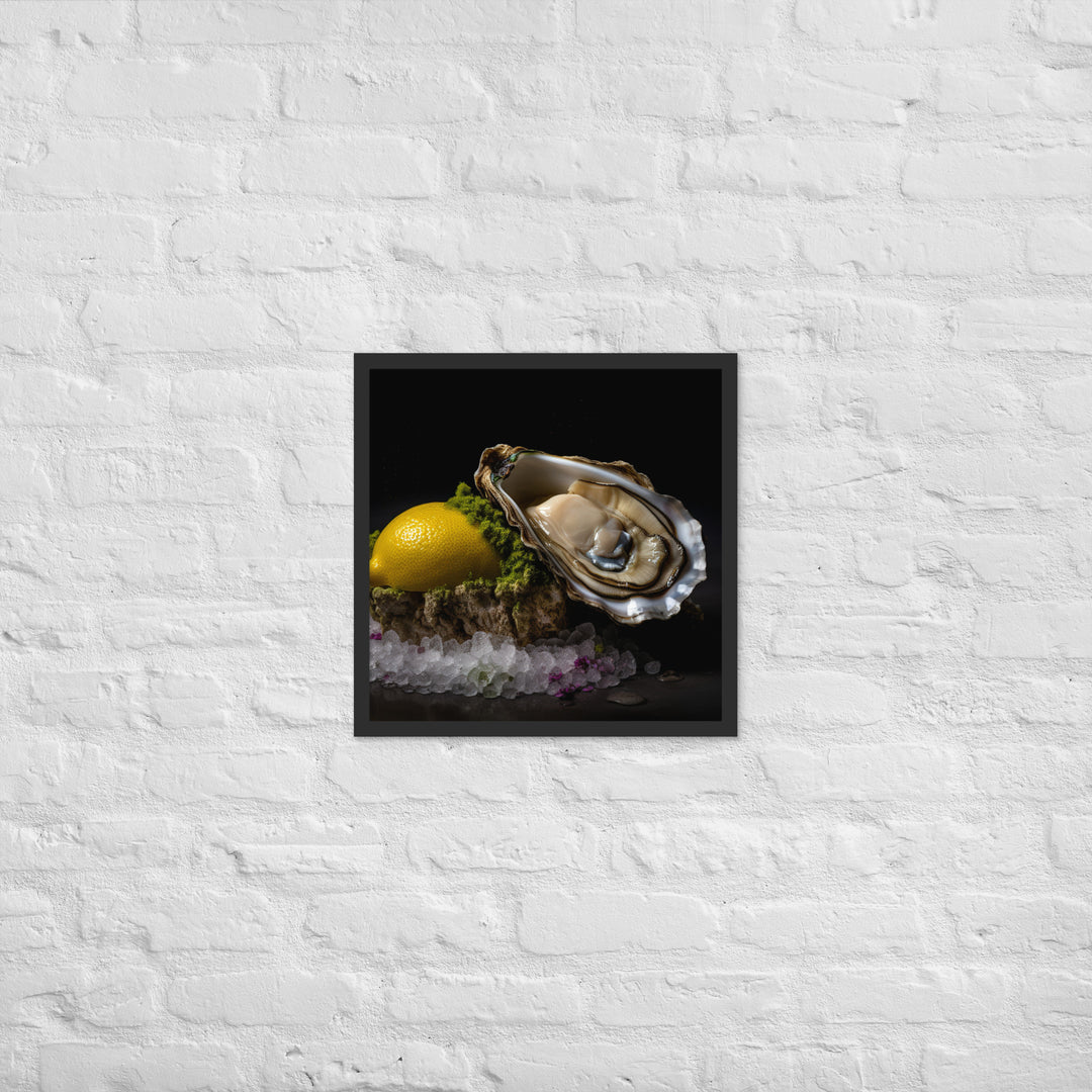 Succulent Belon oyster with lemon wedge Framed poster 🤤 from Yumify.AI