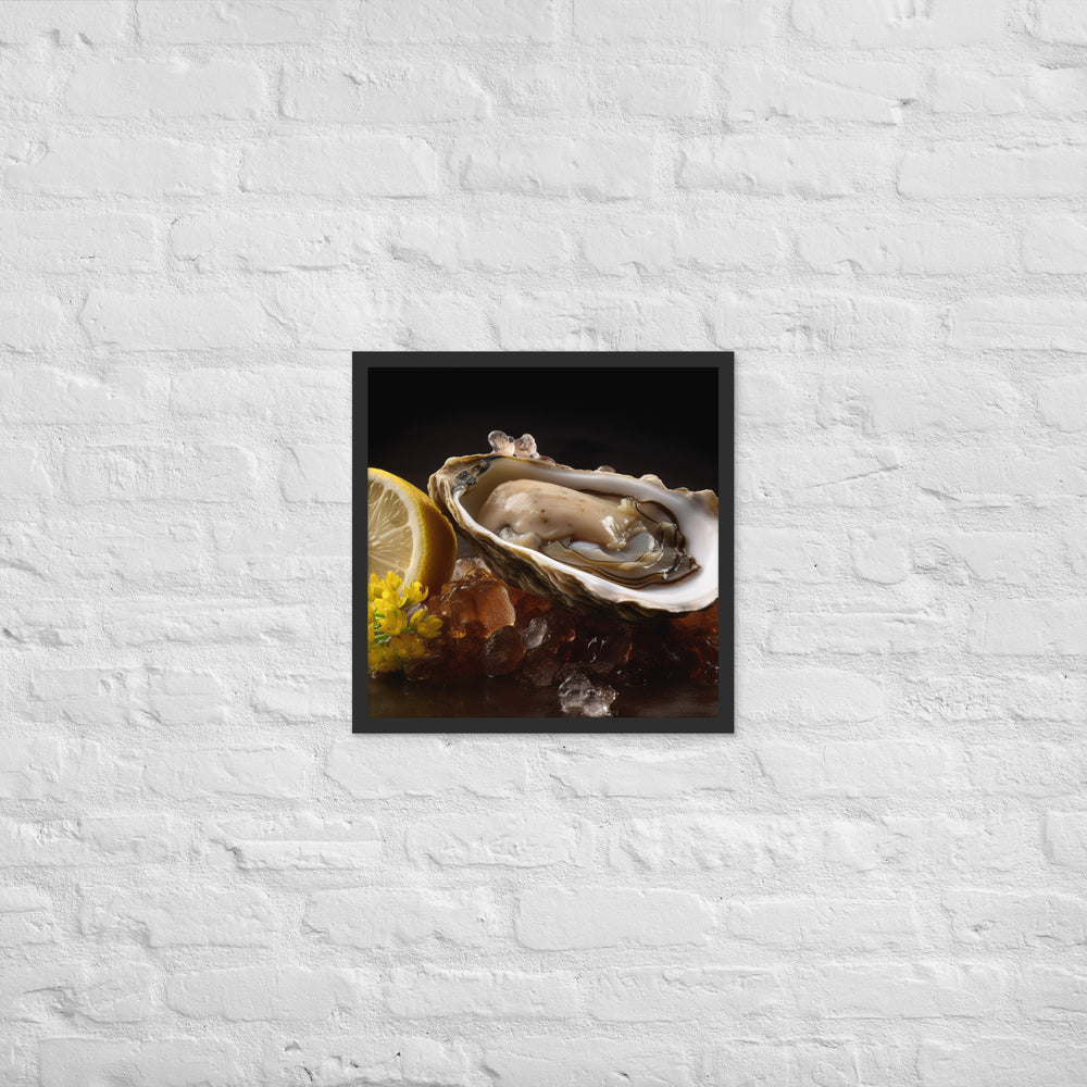 Succulent Belon oyster with lemon wedgev Framed poster 🤤 from Yumify.AI