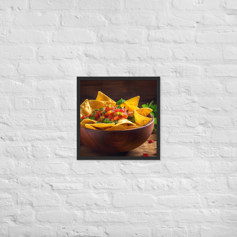 A colorful bowl of chips and salsa Framed poster 🤤 from Yumify.AI