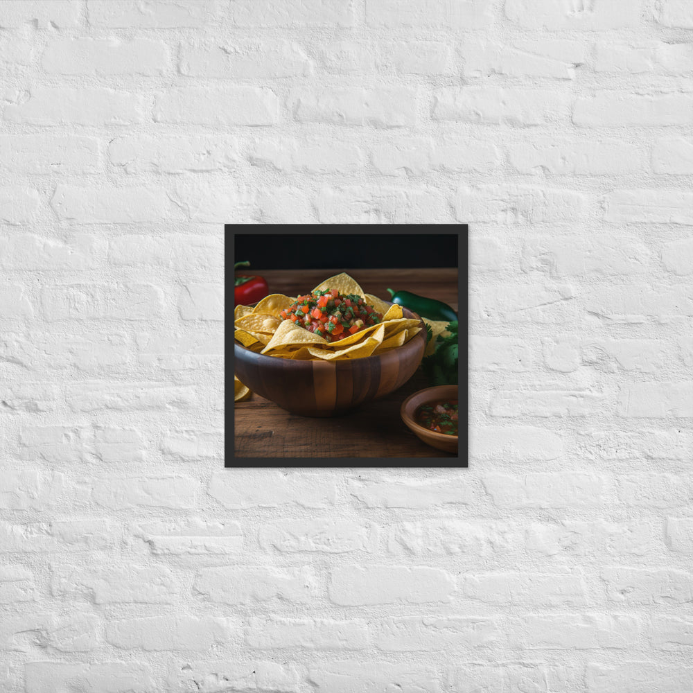 A colorful bowl of chips and salsa Framed poster 🤤 from Yumify.AI