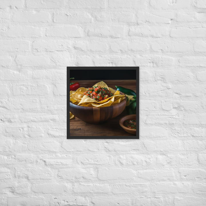 A colorful bowl of chips and salsa Framed poster 🤤 from Yumify.AI