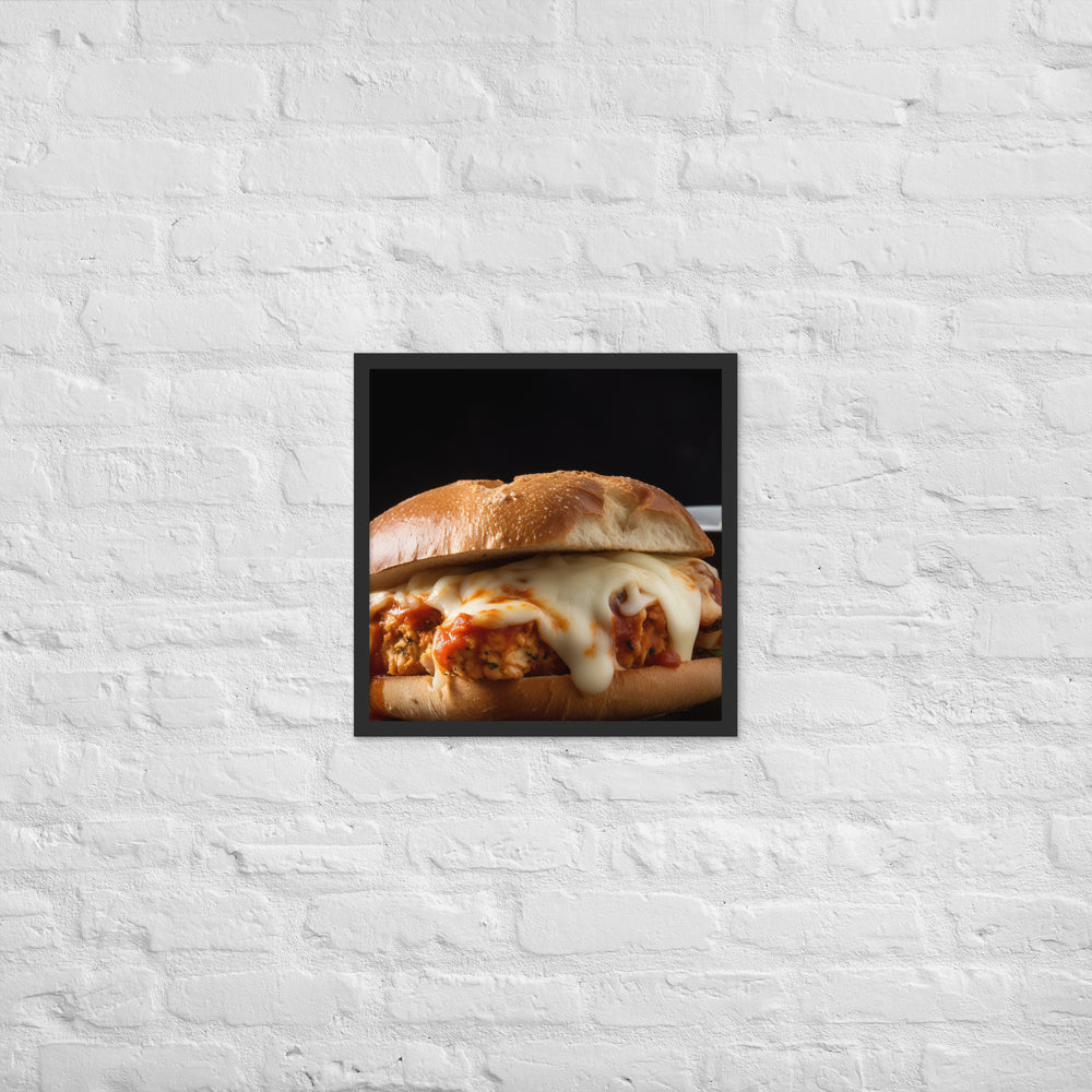 Juicy Chicken Parmesan on a Toasted Bun Framed poster 🤤 from Yumify.AI