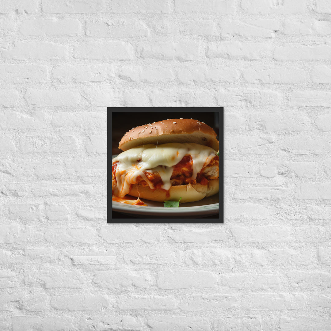 Juicy Chicken Parmesan on a Toasted Bun Framed poster 🤤 from Yumify.AI