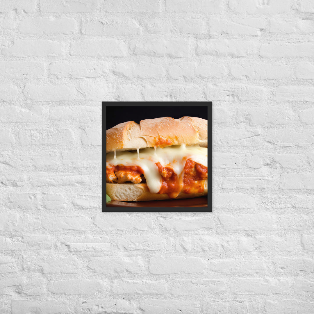 Golden Chicken Parmesan on Fresh Bread Framed poster 🤤 from Yumify.AI