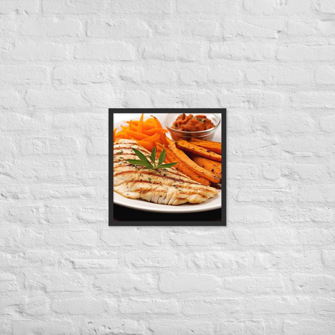 Grilled Fish and Sweet Potato Fries Framed poster 🤤 from Yumify.AI