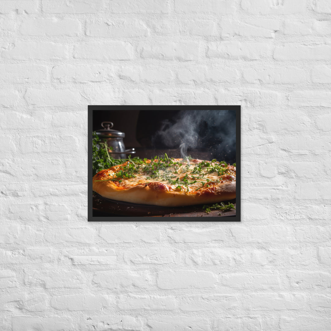 Pizza topped with melted Parmesan cheese Framed poster 🤤 from Yumify.AI