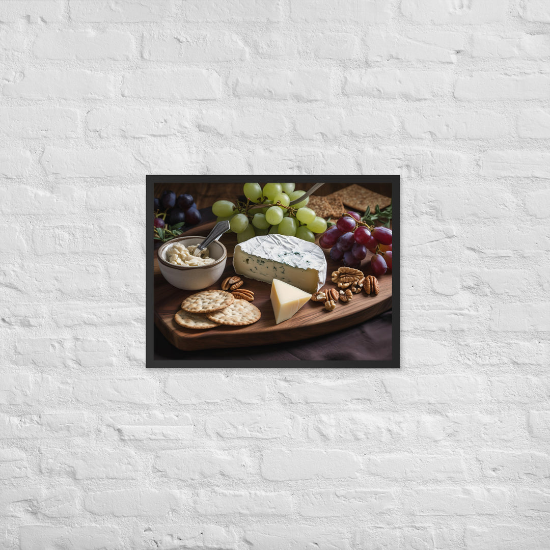 A cheese board featuring creamy brie Framed poster 🤤 from Yumify.AI