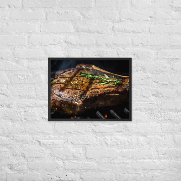 Juicy T-Bone Steak on a Sizzling Grill Framed poster 🤤 from Yumify.AI