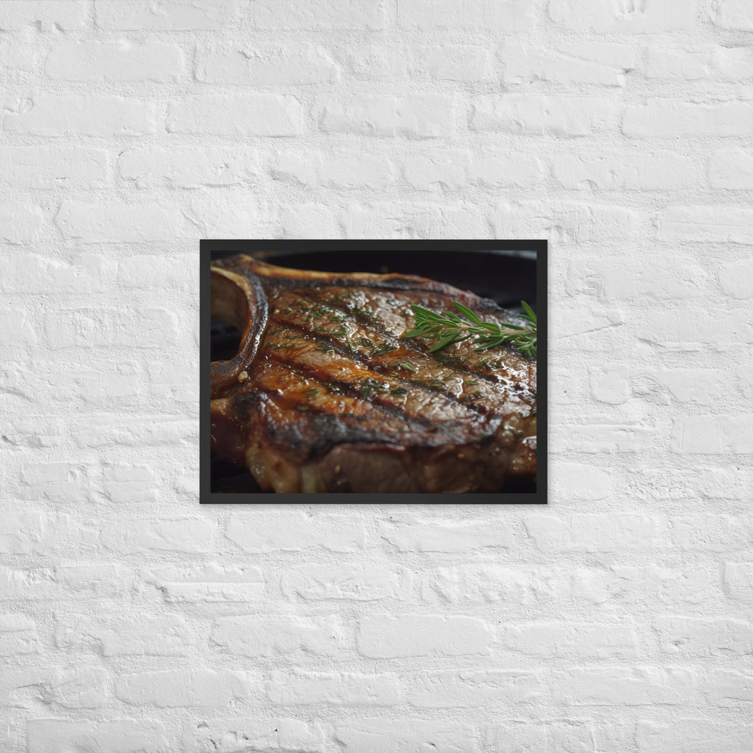 Juicy T-Bone Steak on a Sizzling Grill Framed poster 🤤 from Yumify.AI