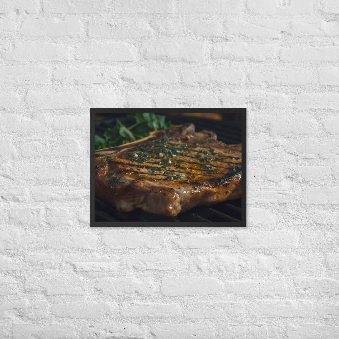 Juicy T-Bone Steak on a Sizzling Grill Framed poster 🤤 from Yumify.AI