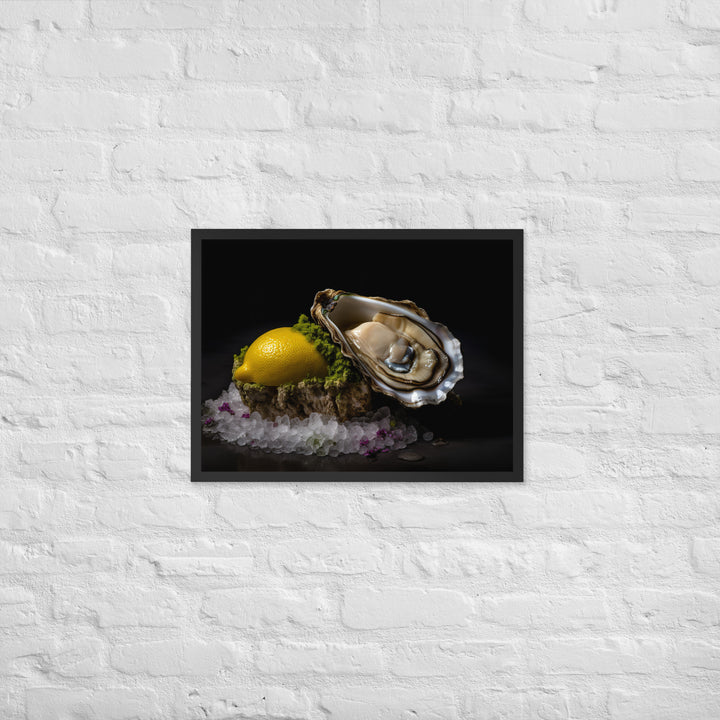 Succulent Belon oyster with lemon wedge Framed poster 🤤 from Yumify.AI