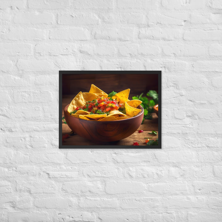 A colorful bowl of chips and salsa Framed poster 🤤 from Yumify.AI