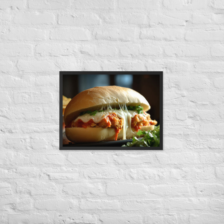 Sizzling Chicken Parmesan on a Hero Roll Framed poster 🤤 from Yumify.AI