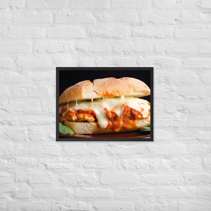 Golden Chicken Parmesan on Fresh Bread Framed poster 🤤 from Yumify.AI