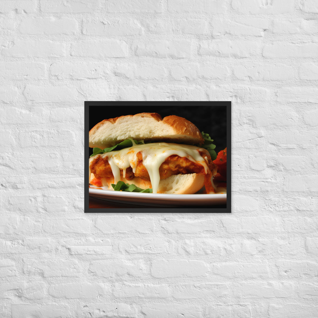 Golden Chicken Parmesan on Fresh Bread Framed poster 🤤 from Yumify.AI