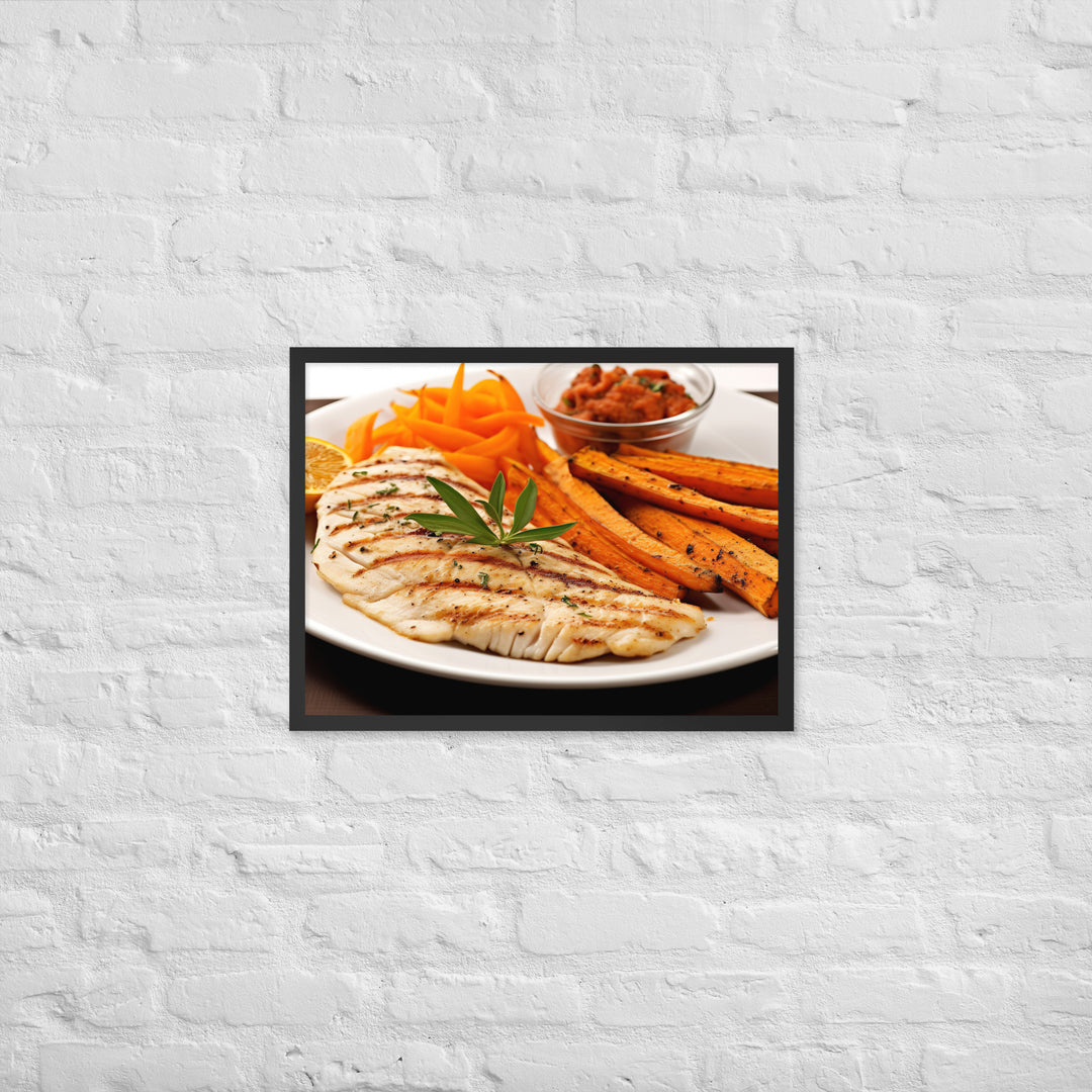 Grilled Fish and Sweet Potato Fries Framed poster 🤤 from Yumify.AI