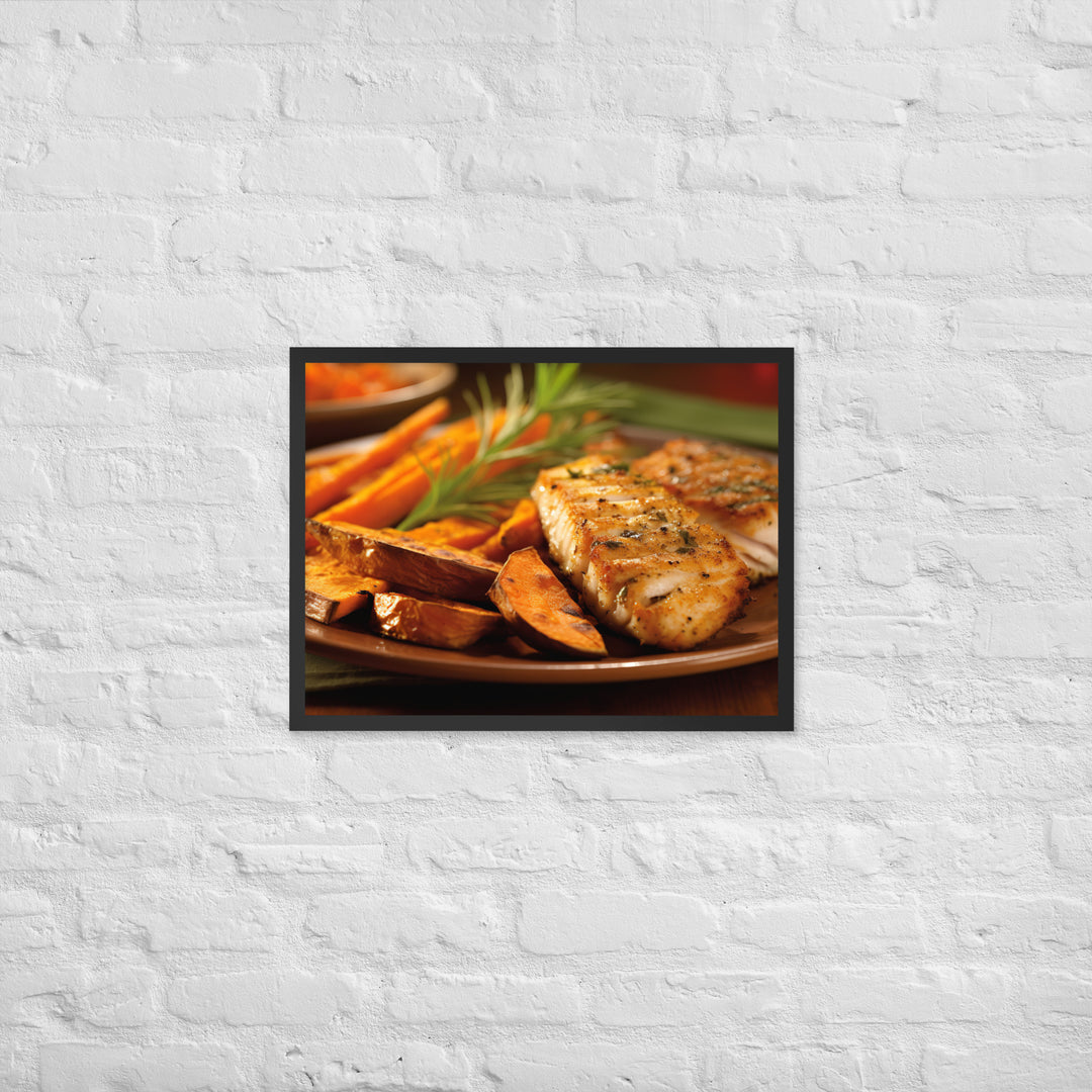 Grilled Fish and Sweet Potato Fries Framed poster 🤤 from Yumify.AI