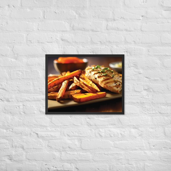 Grilled Fish and Sweet Potato Fries Framed poster 🤤 from Yumify.AI