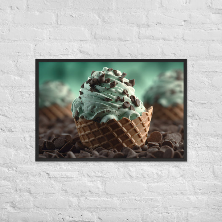 Mint Chocolate Chip Soft Serve Waffle Cone Framed poster 🤤 from Yumify.AI