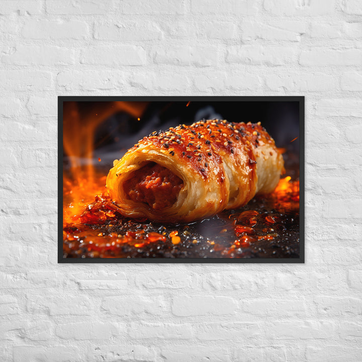 Spicy Sausage Roll Framed poster 🤤 from Yumify.AI