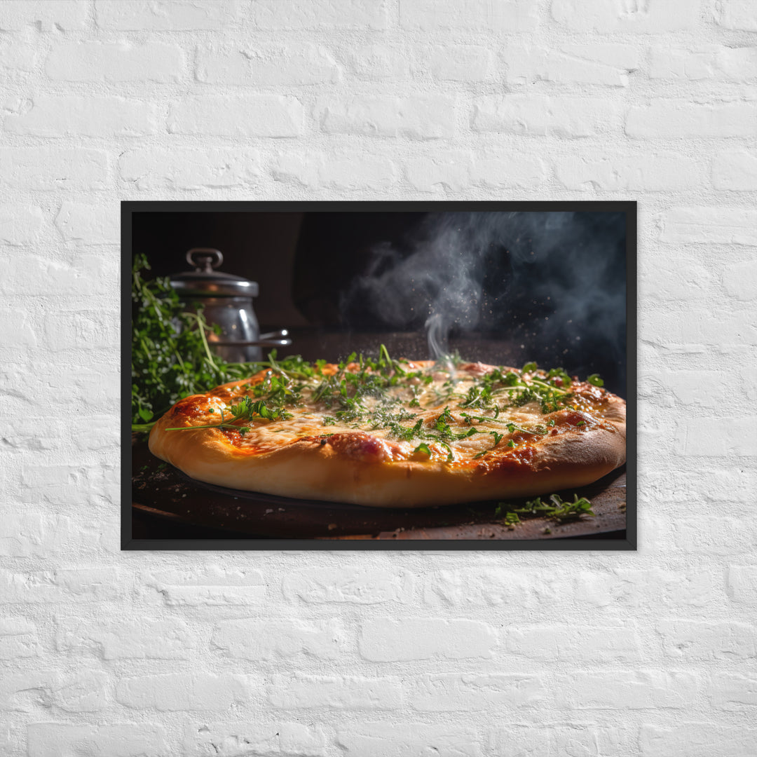 Pizza topped with melted Parmesan cheese Framed poster 🤤 from Yumify.AI