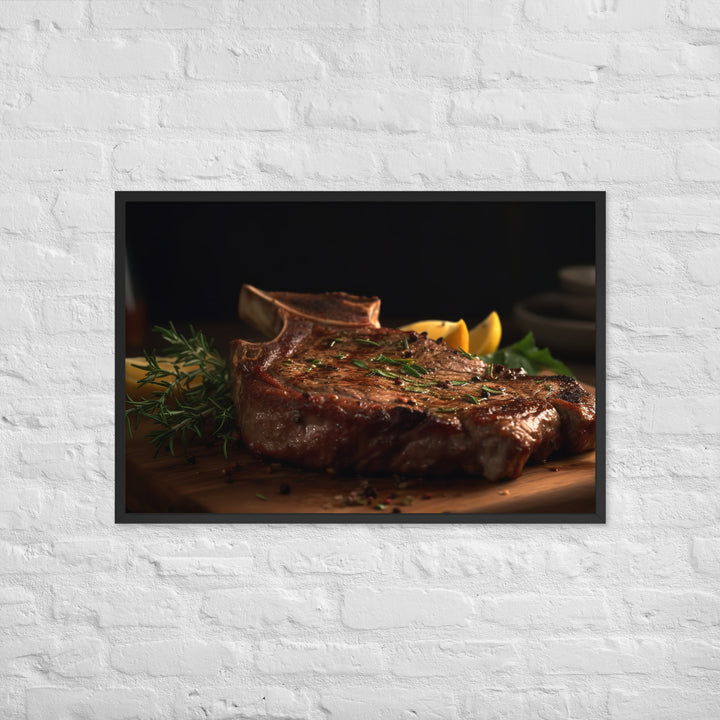 T-Bone Steak on a Wooden Board Framed poster 🤤 from Yumify.AI