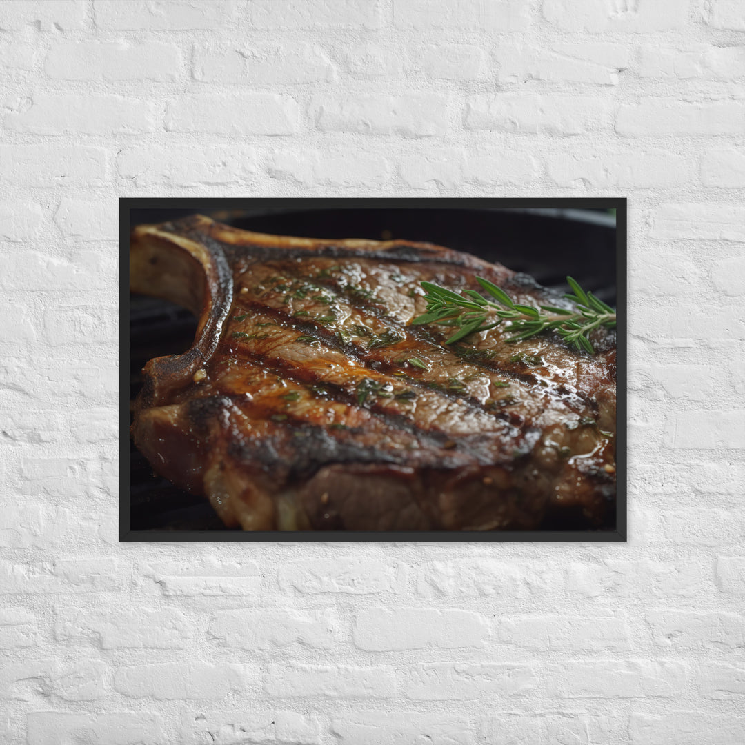 Juicy T-Bone Steak on a Sizzling Grill Framed poster 🤤 from Yumify.AI