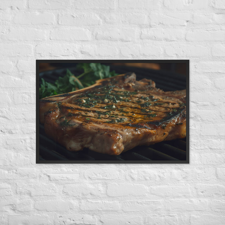 Juicy T-Bone Steak on a Sizzling Grill Framed poster 🤤 from Yumify.AI