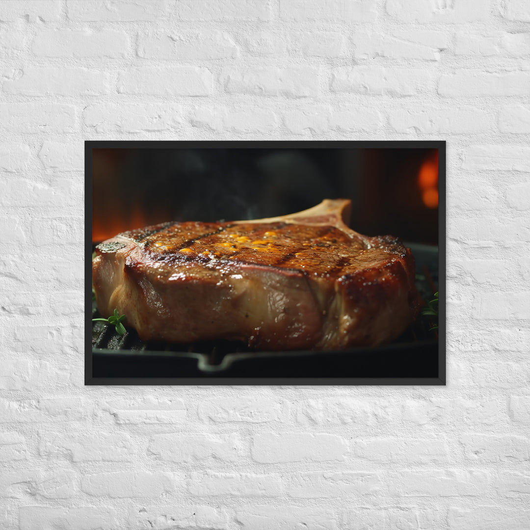 Juicy T-Bone Steak on a Sizzling Grill Framed poster 🤤 from Yumify.AI