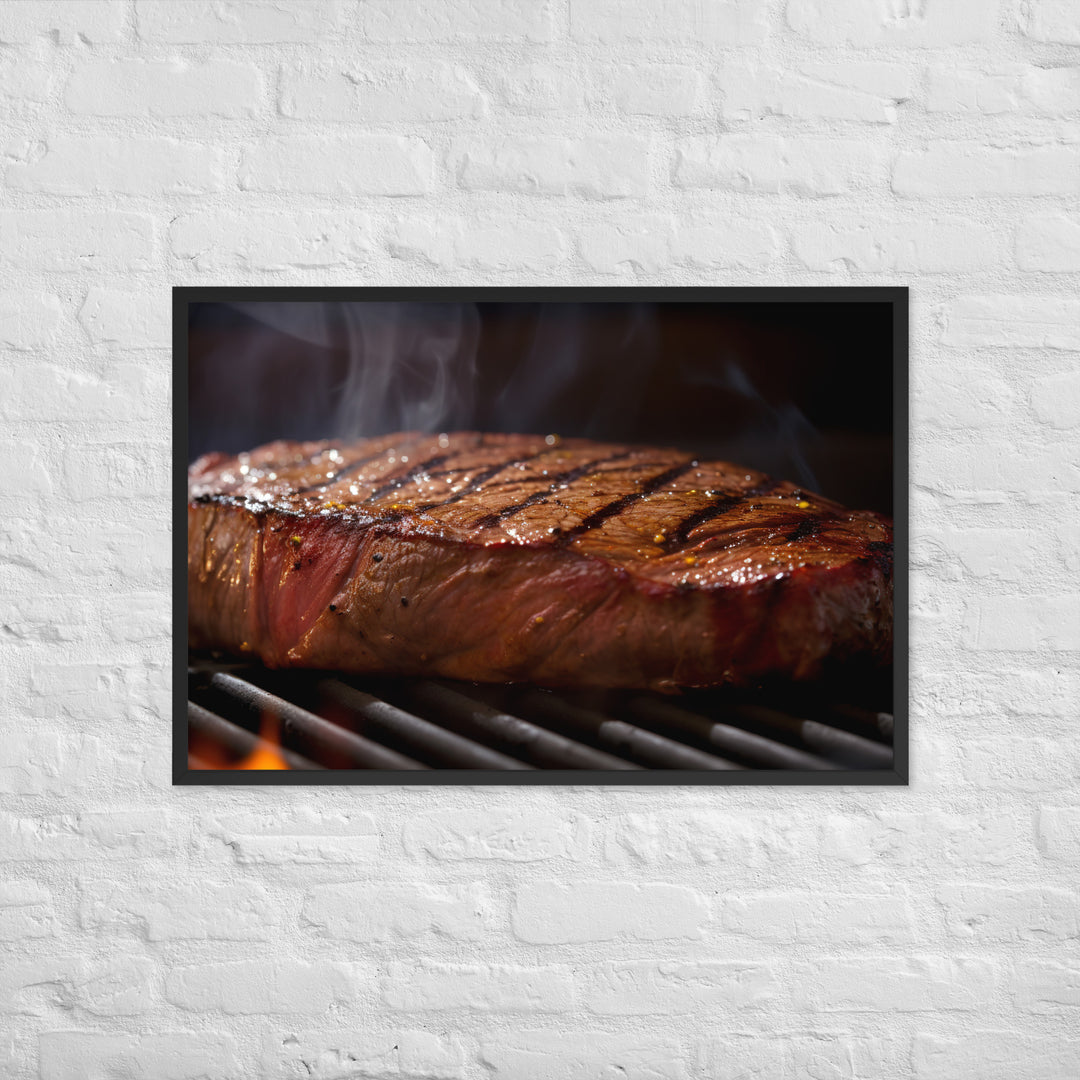 Juicy Flank Steak sizzling on a grill Framed poster 🤤 from Yumify.AI