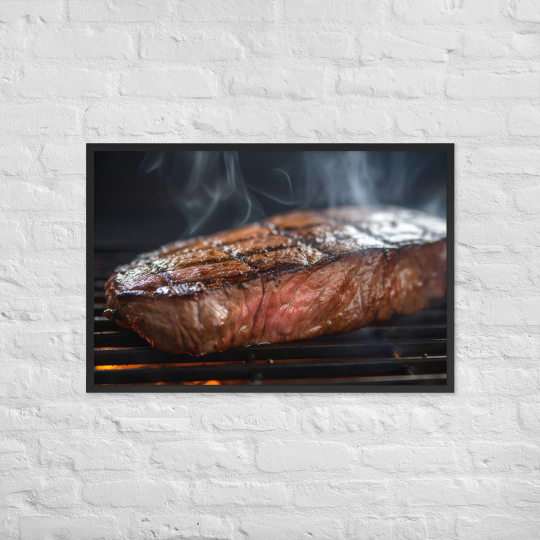 Juicy Flank Steak sizzling on a grill Framed poster 🤤 from Yumify.AI