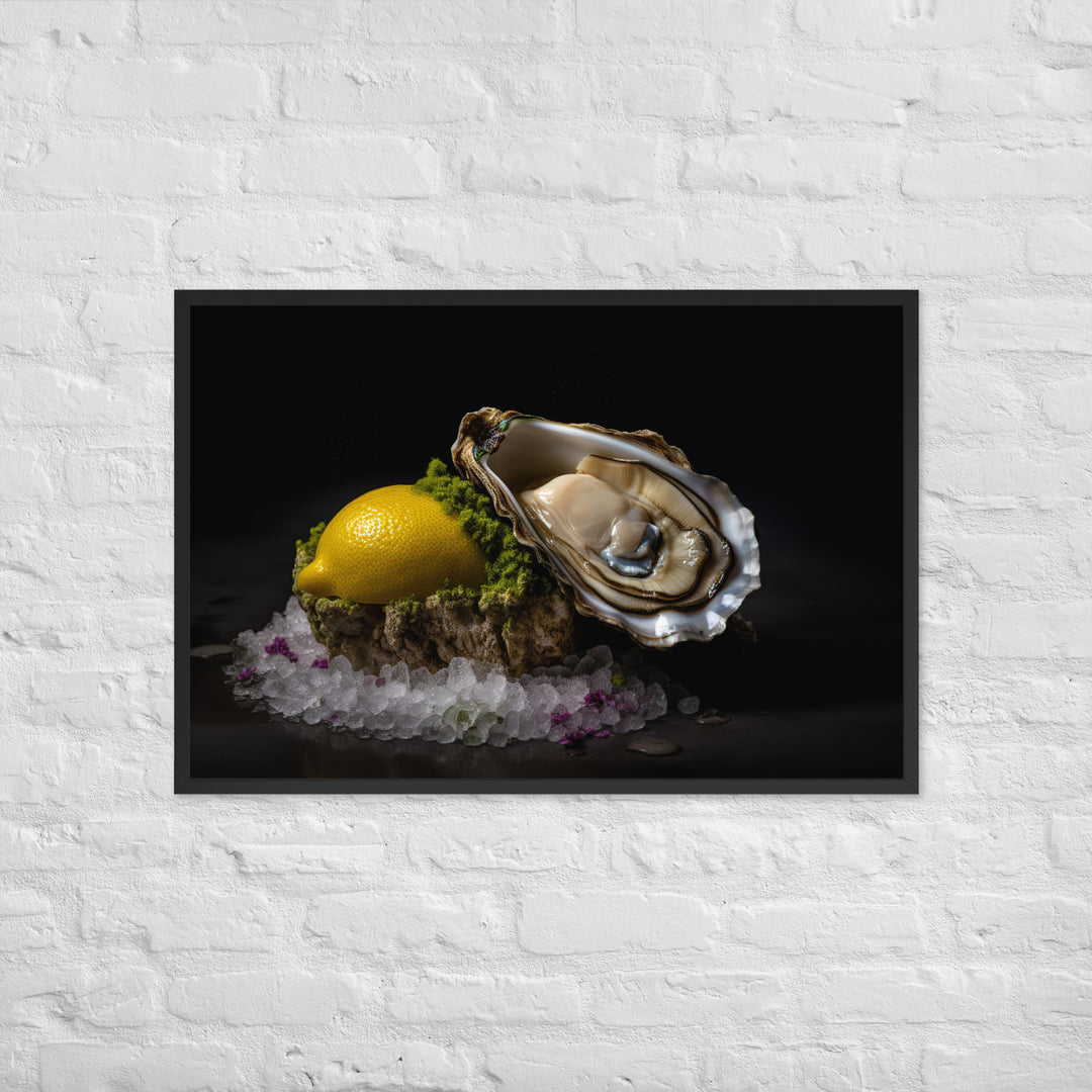 Succulent Belon oyster with lemon wedge Framed poster 🤤 from Yumify.AI