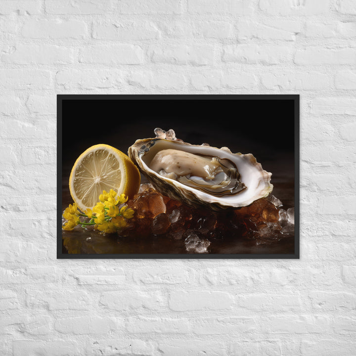 Succulent Belon oyster with lemon wedgev Framed poster 🤤 from Yumify.AI