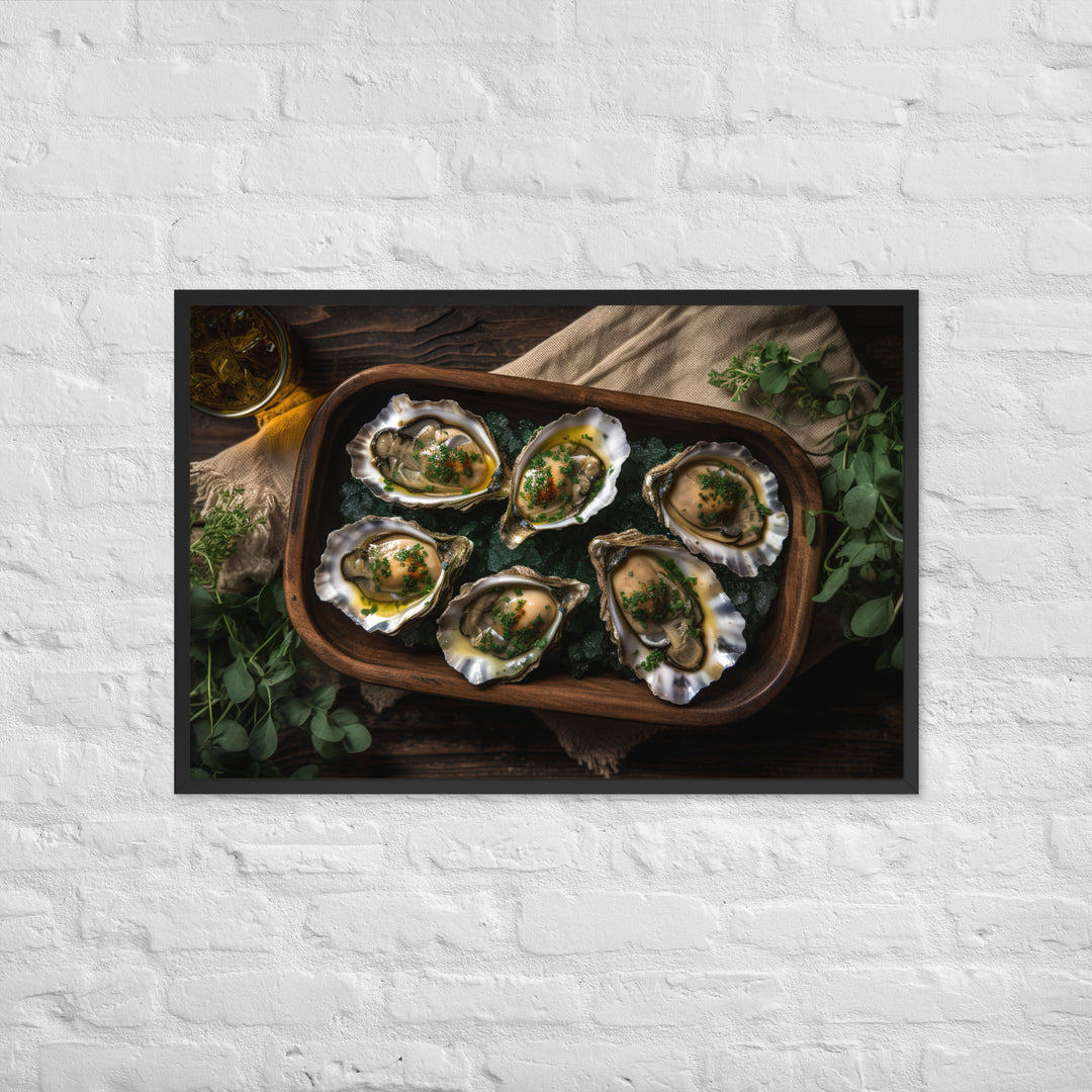 Grilled Olympia Oysters with Herb Butter Framed poster 🤤 from Yumify.AI