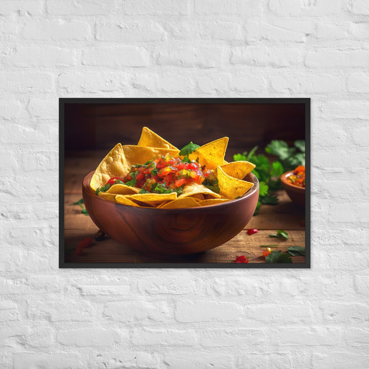 A colorful bowl of chips and salsa Framed poster 🤤 from Yumify.AI