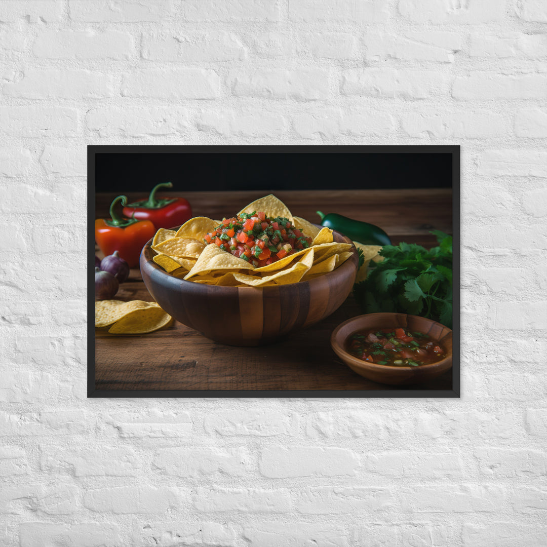 A colorful bowl of chips and salsa Framed poster 🤤 from Yumify.AI