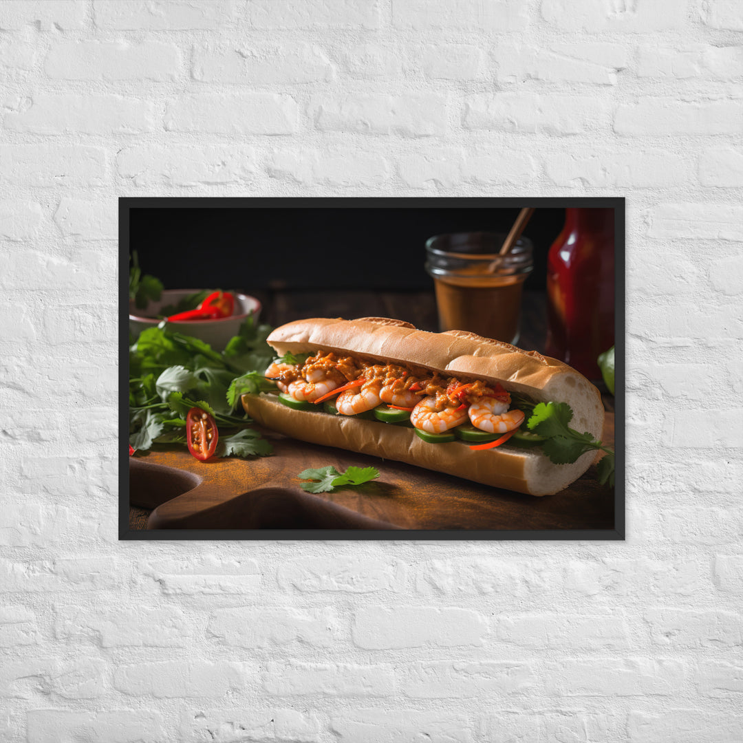 Spicy Banh Mi with Grilled Shrimp and Sriracha Mayo Framed poster 🤤 from Yumify.AI