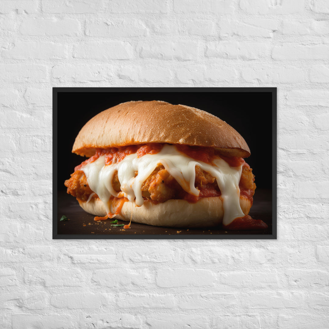 Sizzling Chicken Parmesan on a Hero Roll Framed poster 🤤 from Yumify.AI