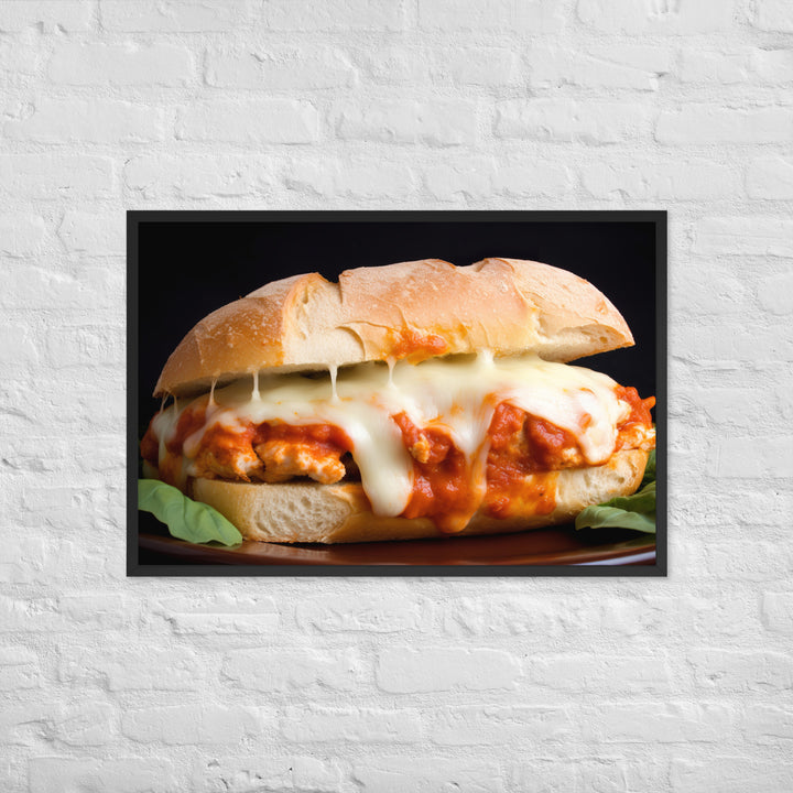 Golden Chicken Parmesan on Fresh Bread Framed poster 🤤 from Yumify.AI