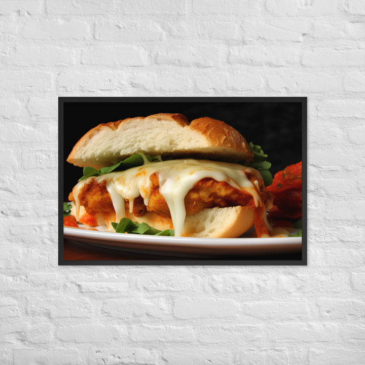 Golden Chicken Parmesan on Fresh Bread Framed poster 🤤 from Yumify.AI