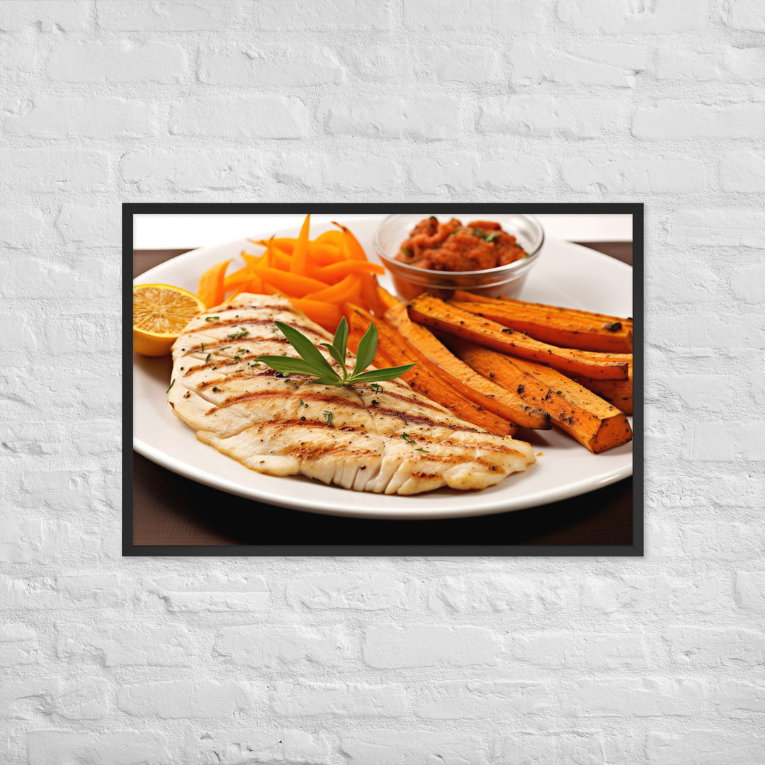 Grilled Fish and Sweet Potato Fries Framed poster 🤤 from Yumify.AI